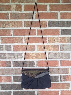 Vintage Delill Hand Beaded Black Evening Clutch with Gold and Silver Accents